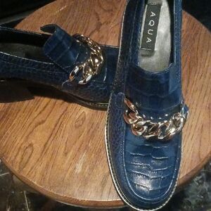 Aqua Croc-Embossed Blue Loafers with Gold Chain